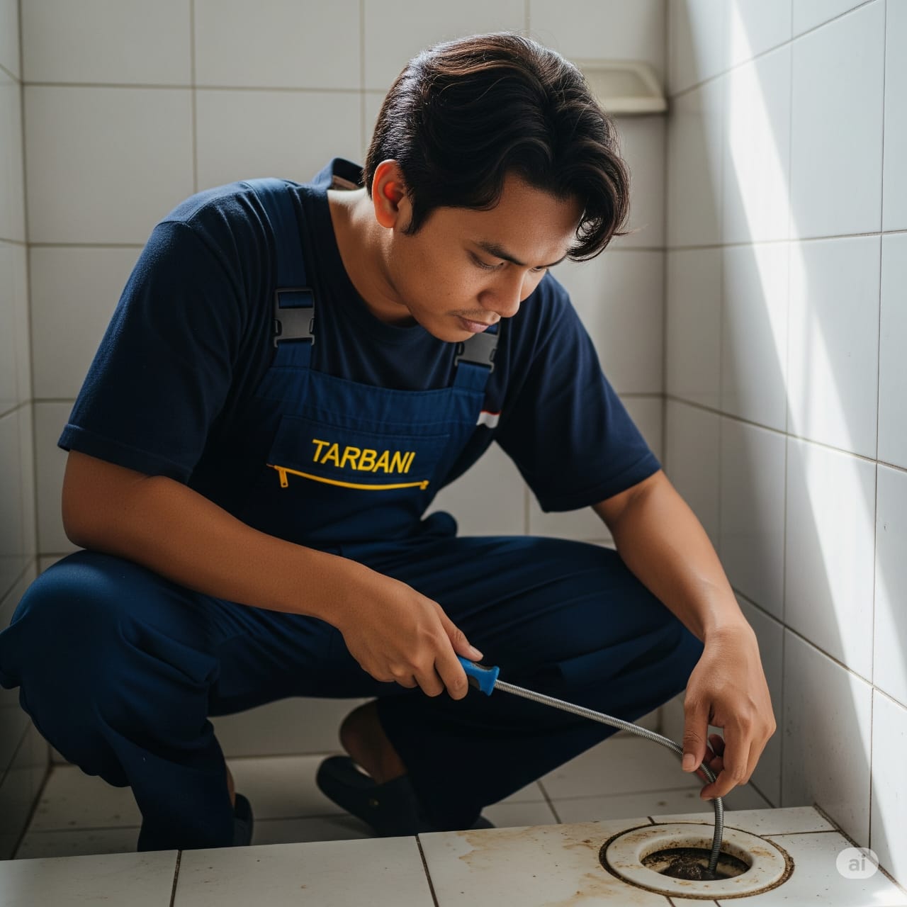 Teknisi Tarbani sedang mengatasi saluran kamar mandi mampet dengan peralatan khusus