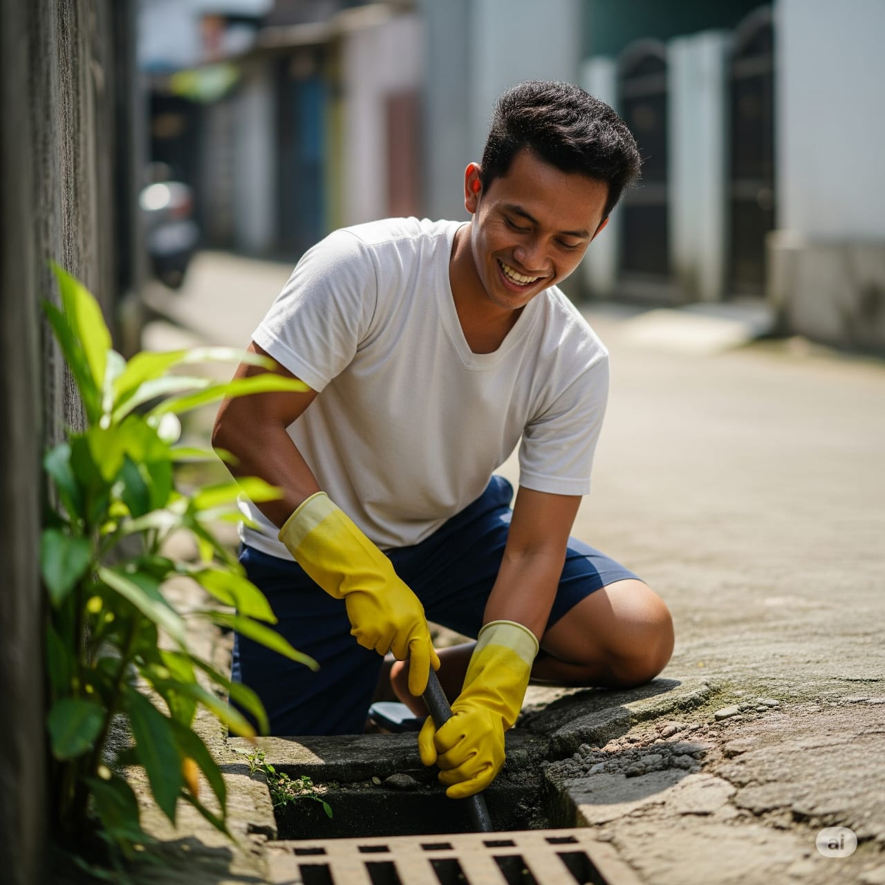 Teknisi Tarbani sedang membersihkan saluran mampet di luar ruangan