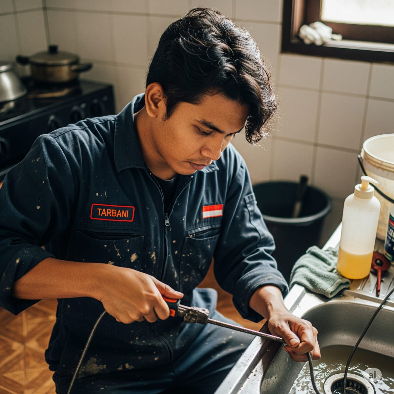 Teknisi Tarbani sedang mengatasi wastafel mampet dengan peralatan profesional